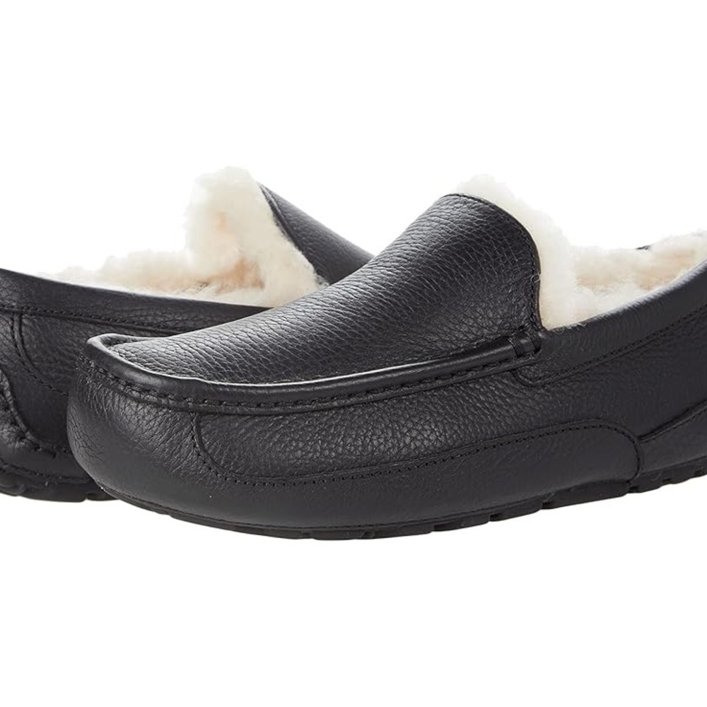 Mens Ascot Ugg Leather Slippers Blk